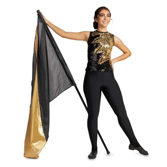 custom black and gold sparkly sleeveless majorette uniform front view on model with black leggings and holding black and gold flag