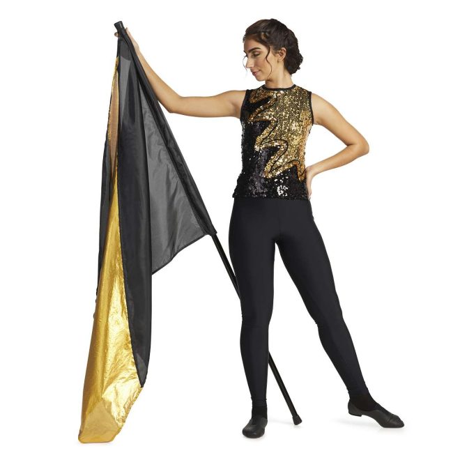 custom black and gold sparkly sleeveless majorette uniform front view on model with black leggings and holding black and gold flag