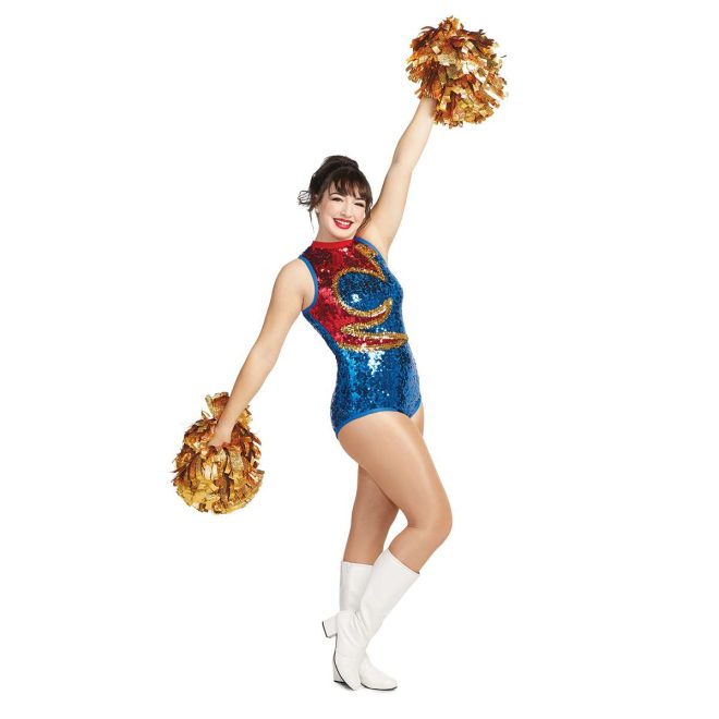 custom royal, red, and gold sparkly sleeveless mock neck bodysuit majorette uniform front view on model wearing white boots and holding gold poms