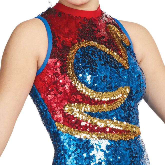 custom royal, red, and gold sparkly sleeveless mock neck bodysuit majorette uniform front view on model