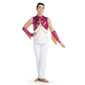 custom sleeveless men maroon and white sequin with gold detailing majorette tunic with white pants front view on model wearing Gauntlets in Maroon Drumroll Sequin, Maroon Satin Spandex, Gold Fringe