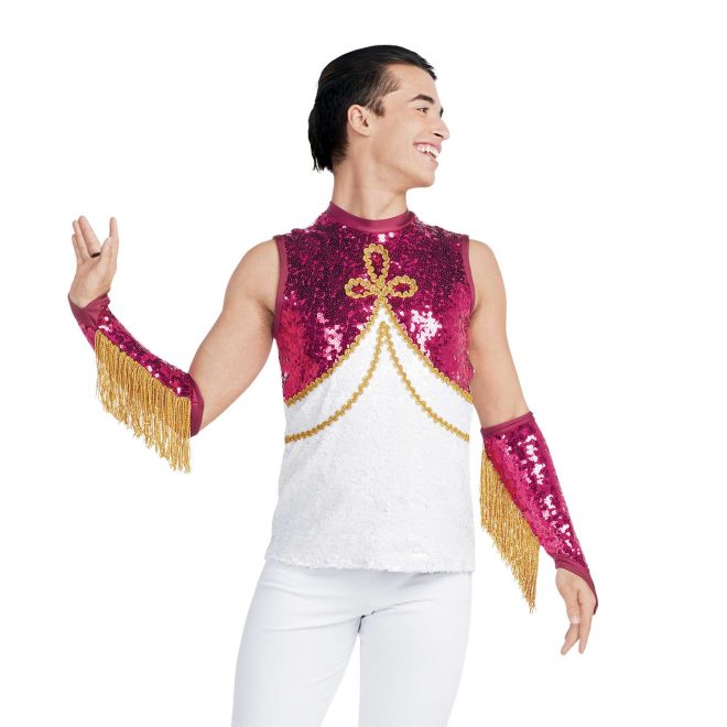custom sleeveless men maroon and white sequin with gold detailing majorette tunic with white pants front view on model wearing Gauntlets in Maroon Drumroll Sequin, Maroon Satin Spandex, Gold Fringe