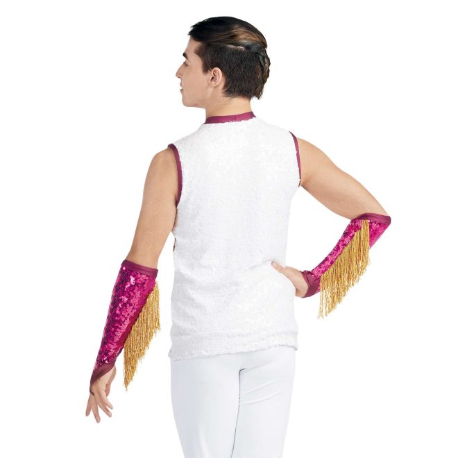 custom sleeveless men maroon and white sequin majorette tunic with white pants back view on model wearing Gauntlets in Maroon Drumroll Sequin, Maroon Satin Spandex, Gold Fringe