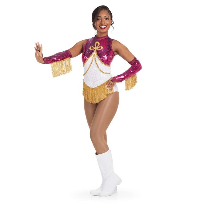 custom white sparkly maroon sequin and gold detailing sleeveless a-line majorette bodysuit with gold fringe front view on model with Gauntlets in Maroon Drumroll Sequin, Maroon Satin Spandex, Gold Fringe with white boots