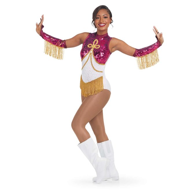 custom white sparkly maroon sequin and gold detailing sleeveless a-line majorette bodysuit with gold fringe front view on model with Gauntlets in Maroon Drumroll Sequin, Maroon Satin Spandex, Gold Fringe with white boots