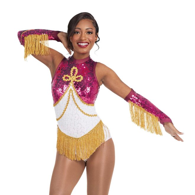 custom white sparkly maroon sequin and gold detailing sleeveless a-line majorette bodysuit with gold fringe front view on model with Gauntlets in Maroon Drumroll Sequin, Maroon Satin Spandex, Gold Fringe