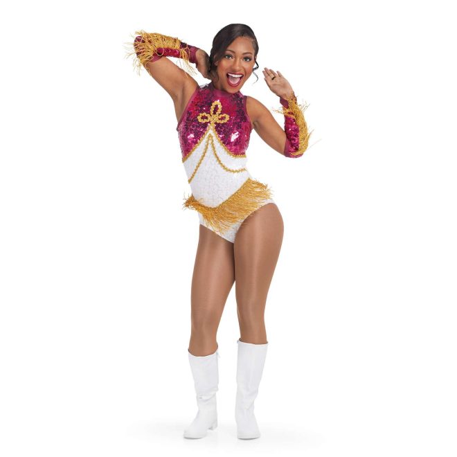 custom white sparkly maroon sequin and gold detailing sleeveless a-line majorette bodysuit with gold fringe front view on model with Gauntlets in Maroon Drumroll Sequin, Maroon Satin Spandex, Gold Fringe and white boots