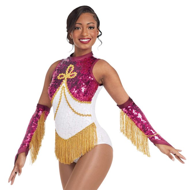 custom white sparkly maroon sequin and gold detailing sleeveless a-line majorette bodysuit with gold fringe front view on model with Gauntlets in Maroon Drumroll Sequin, Maroon Satin Spandex, Gold Fringe