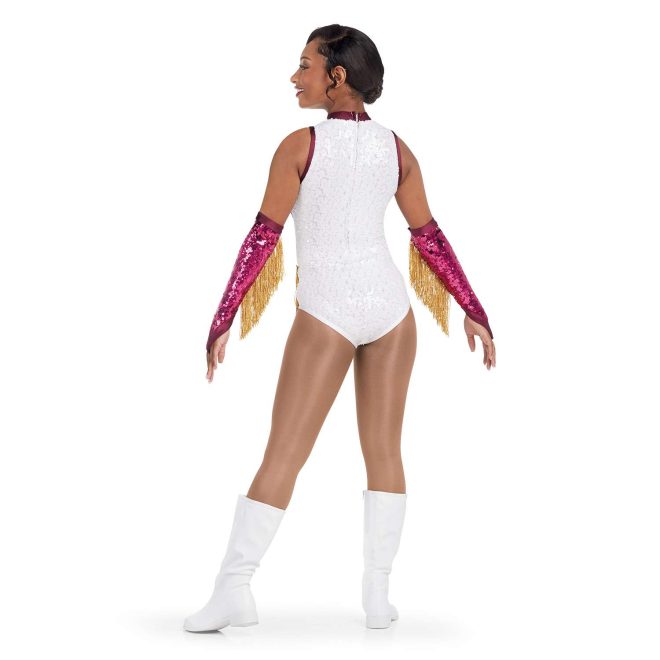 custom white sparkly sleeveless a-line majorette bodysuit back view on model with Gauntlets in Maroon Drumroll Sequin, Maroon Satin Spandex, Gold Fringe and white boots
