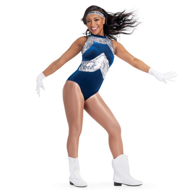 custom a-line sleeveless royal with silver sequin majorette bodysuit uniform front view on model wearing silver sequin headband, white wrist length gloves, and white boots