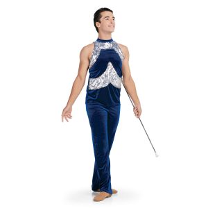 custom sleeveless men majorette navy with silver sequin tunic with matching navy pants front view on model holding baton