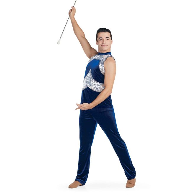 custom sleeveless men majorette navy with silver sequin tunic with matching navy pants front view on model holding baton
