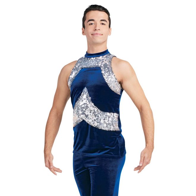 custom sleeveless men majorette navy with silver sequin tunic with matching navy pants front view on model