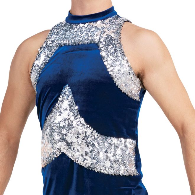 custom sleeveless men majorette navy with silver sequin tunic with matching navy pants front view on model