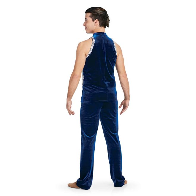 custom sleeveless men majorette navy with silver sequin trim tunic with matching navy pants back view on model