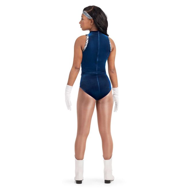 custom a-line sleeveless royal with silver sequin trim majorette bodysuit uniform back view on model wearing silver sequin headband, white wrist length gloves, and white boots
