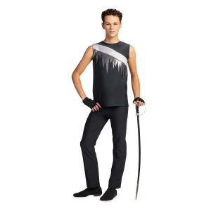 custom sleeveless black with white and silver stripe color guard tunic with black pants and black fingerless gloves front view of model holding sabre