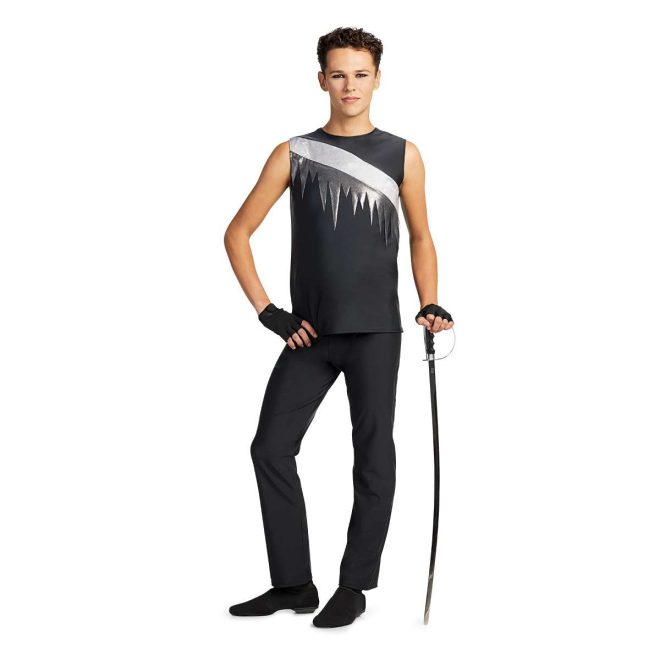 custom sleeveless black with white and silver stripe color guard tunic with black pants and black fingerless gloves front view of model holding sabre