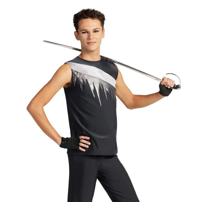 custom sleeveless black with white and silver stripe color guard tunic with black pants and black fingerless gloves front view of model holding sabre