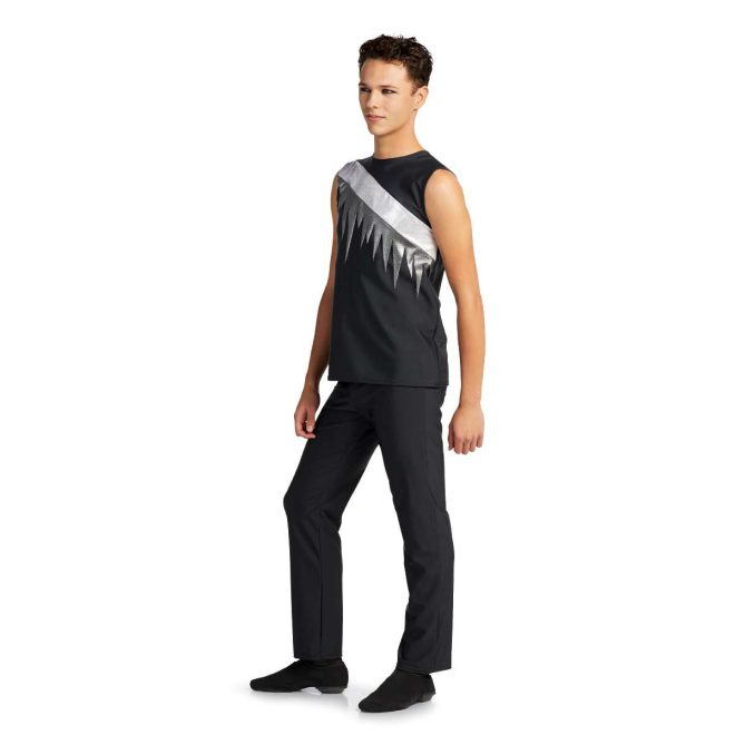 custom sleeveless black with white and silver stripe color guard tunic with black pants and black fingerless gloves front view of model