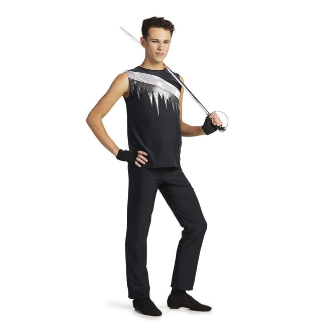 custom sleeveless black with white and silver stripe color guard tunic with black pants and black fingerless gloves front view of model holding sabre