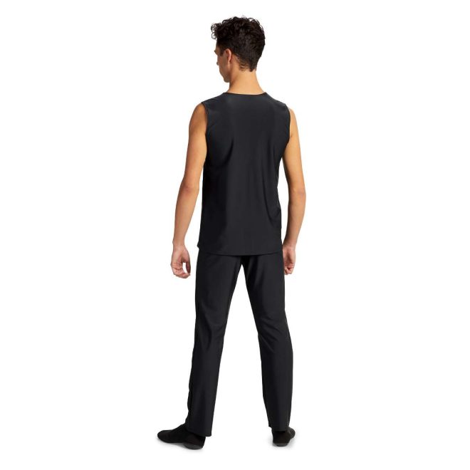 custom sleeveless black color guard tunic and black pants back view on model