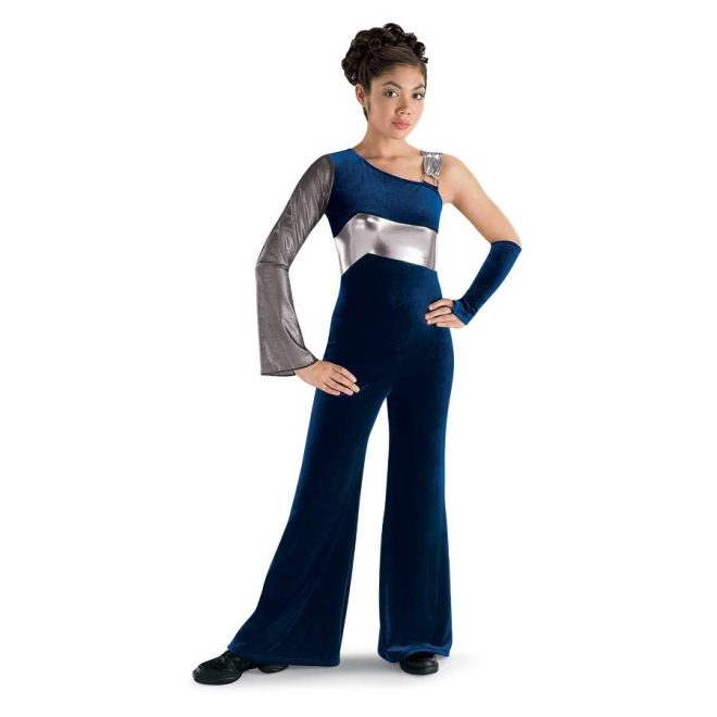 custom velvet navy one long sleeve black mesh one sleeve silver strap with silver stripe color guard pant unitard front view on model with navy arm cuff