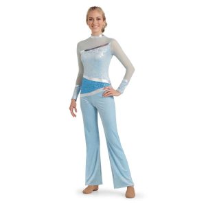 custom mesh light blue long sleeves, light blue lace and sequin body, and light blue velvet pants color guard unitard. Mesh, lace, sequin and velvet all separated by line of silver. front view on model