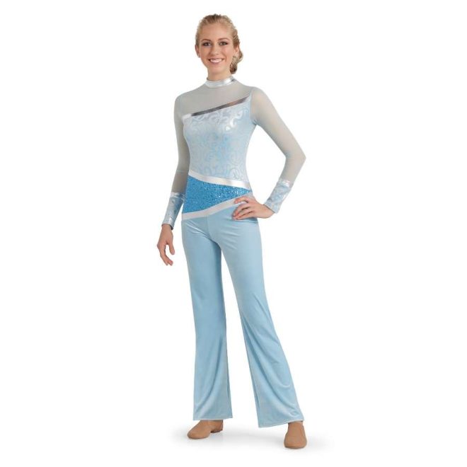 custom mesh light blue long sleeves, light blue lace and sequin body, and light blue velvet pants color guard unitard. Mesh, lace, sequin and velvet all separated by line of silver. front view on model