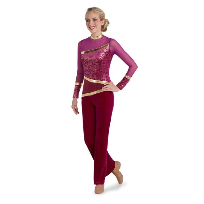 custom mesh pink long sleeves, maroon lace and sequin body, and maroon velvet pants color guard unitard. Mesh, lace, sequin and velvet all separated by line of gold. front view on model