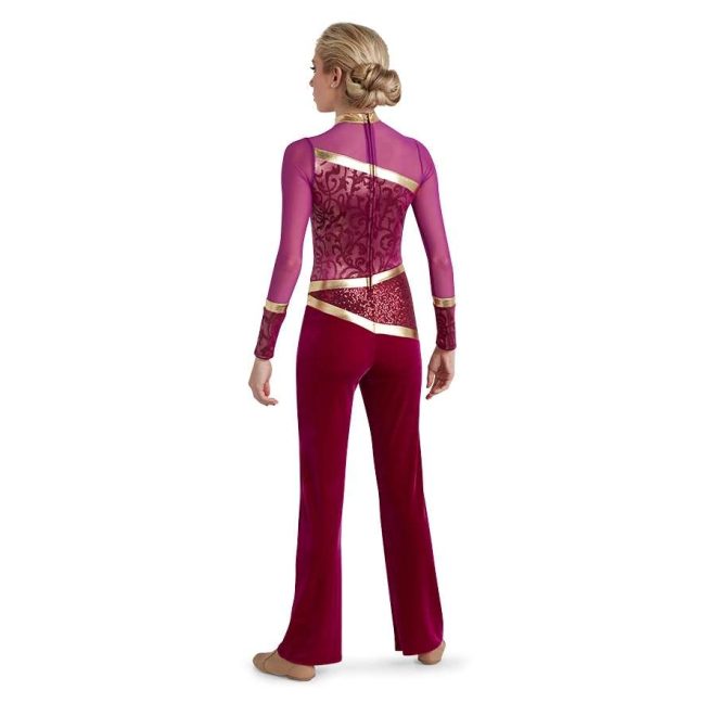 custom mesh pink long sleeves, maroon lace and sequin body, and maroon velvet pants color guard unitard. Mesh, lace, sequin and velvet all separated by line of gold. back view on model