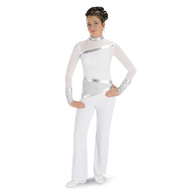 custom white and silver long sleeve and pant color guard unitard front view on model