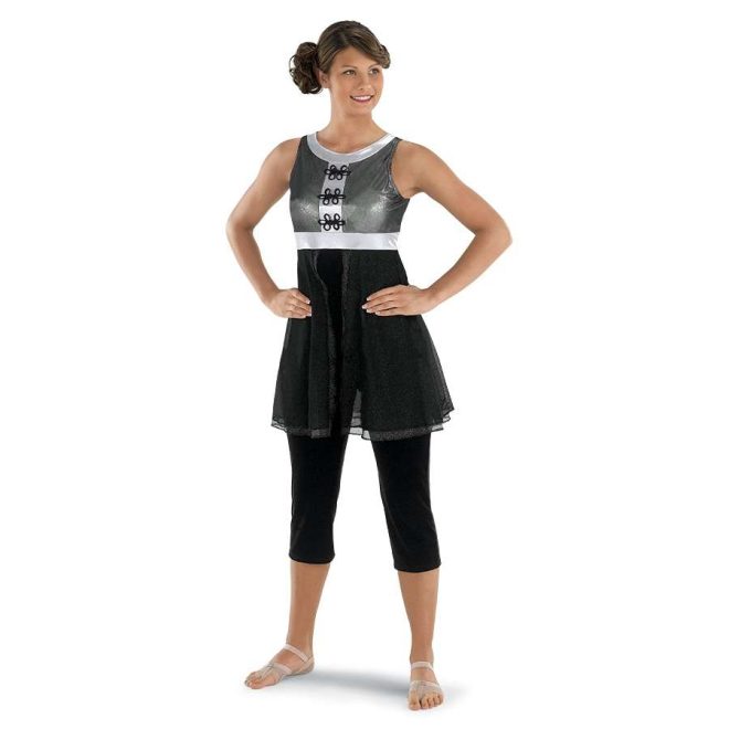 custom a-line grey and black color guard tunic with black capri leggings front view on model