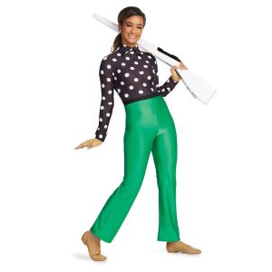 Custom long sleeve pant color guard unitard. Black with white polka dots top and green pants. Front view on model holding rifle