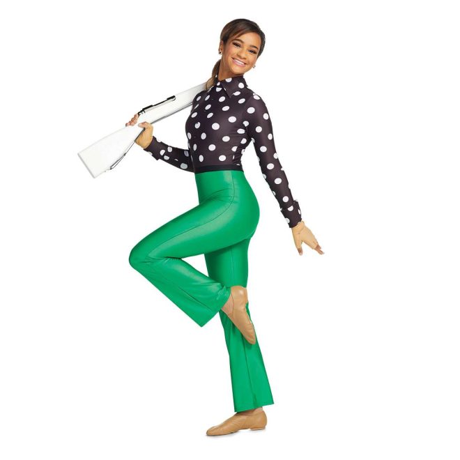 Custom long sleeve pant color guard unitard. Black with white polka dots top and green pants. Front view on model holding rifle