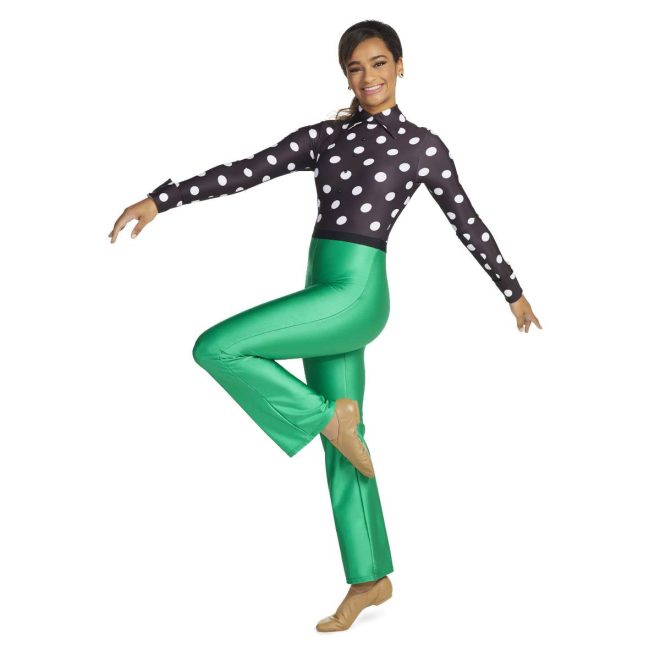 Custom long sleeve pant color guard unitard. Black with white polka dots top and green pants. Front view on model