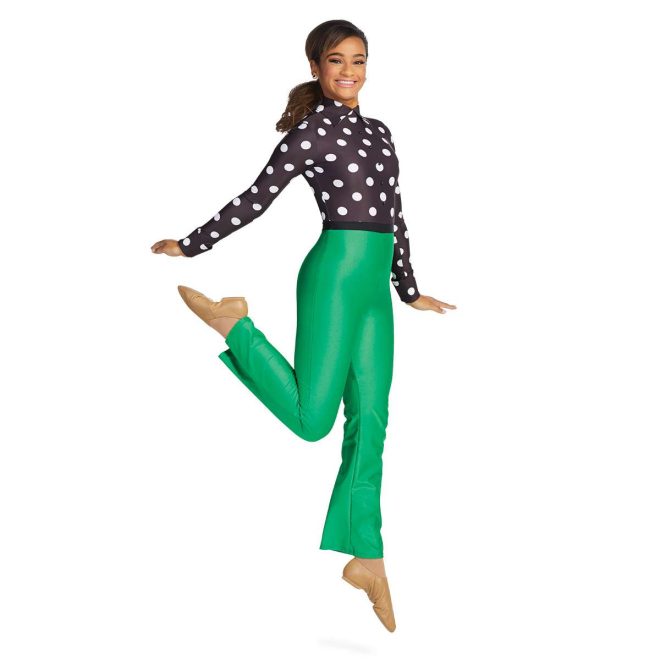 Custom long sleeve pant color guard unitard. Black with white polka dots top and green pants. Front view on model