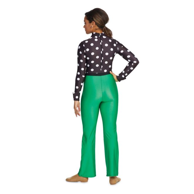 Custom long sleeve pant color guard unitard. Black with white polka dots top and green pants. Back view on model