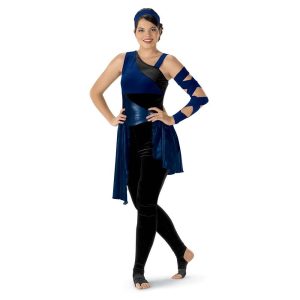 custom navy and black sleeveless color guard dress with black leggings front view on model with navy arm wrap and headband