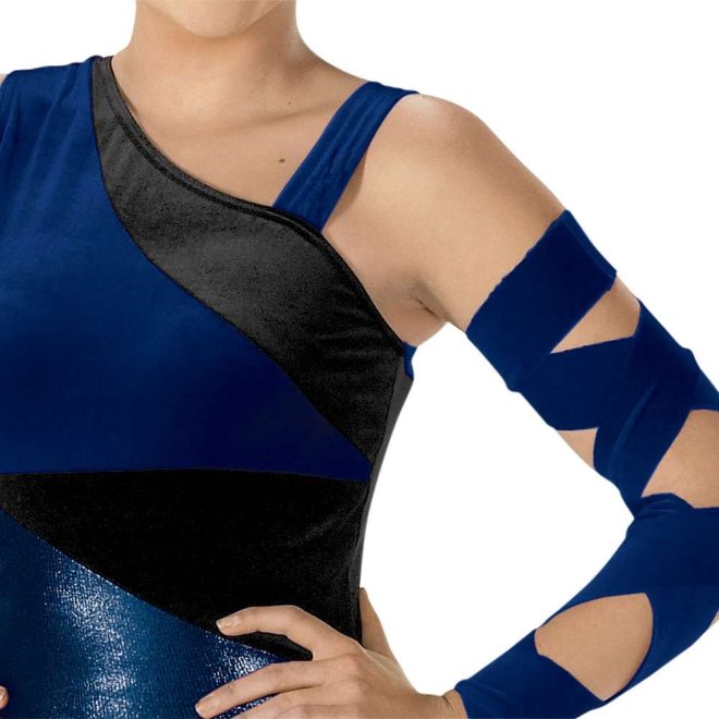 custom navy and black sleeveless color guard dress with black leggings front view on model with navy arm wrap