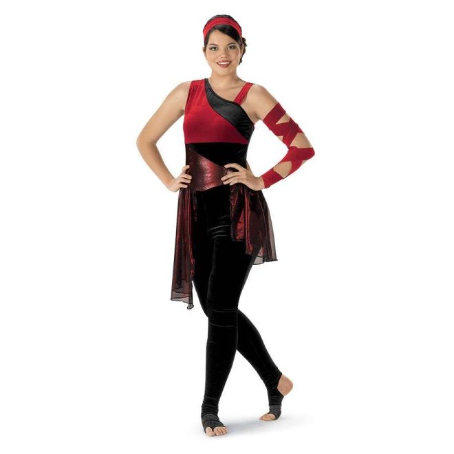 custom red and black sleeveless color guard dress with black leggings front view on model with red arm wrap and headband