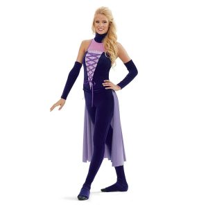 Custom sleeveless legging color guard unitard. Dark purple high neck into light purple a-line into dark purple body with light purple sequin lace up faux cutout and dark purple pants. Light purple back half skirt. Front view on model with dark purple detached sleeves. Rapunzel look