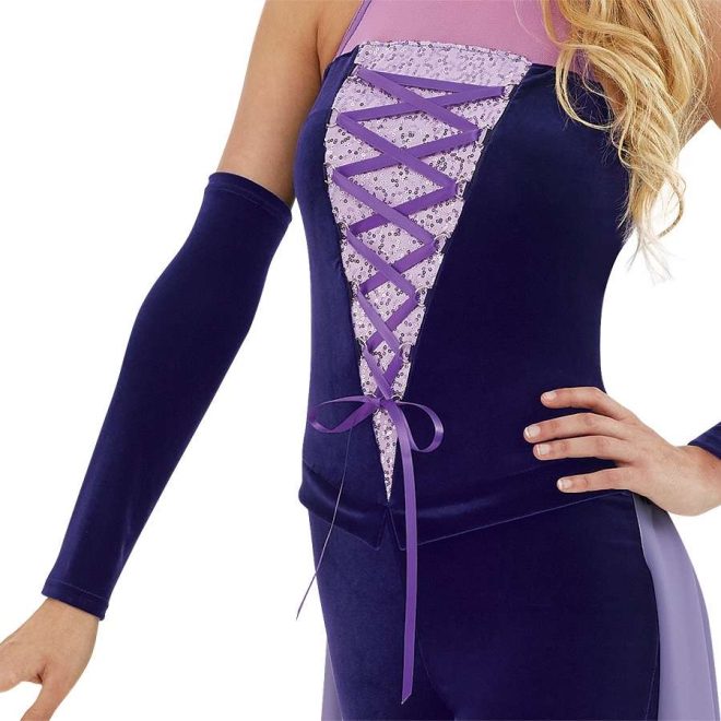 Close up of custom sleeveless legging color guard unitard. Dark purple body with light purple sequin lace up faux cutout. Dark purple pants with back half light purple skirt. Front view on model with dark purple dethatched sleeves. Front view on model. Rapunzel look