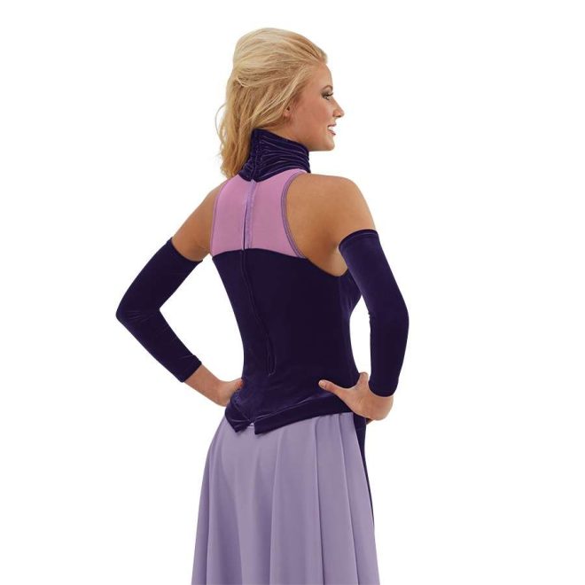 Custom sleeveless legging color guard unitard. Dark purple high neck into light purple a-line into dark purple body and pants. Light purple back half skirt. Back view on model with dark purple detached sleeves