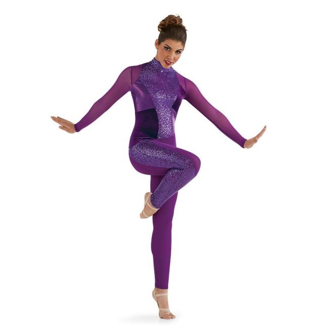 Custom long sleeve legging color guard unitard. Purple and purple sequin all over. Front view on model