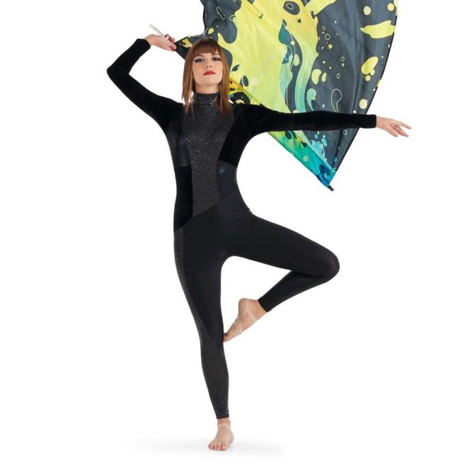 Custom long sleeve legging color guard unitard. Black and black sequin all over. Front view on model holding black, red and green flag