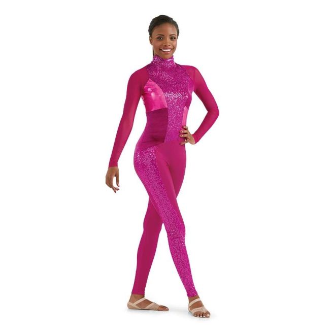 Custom long sleeve legging color guard unitard. Pink and pink sequin all over. Front view on model