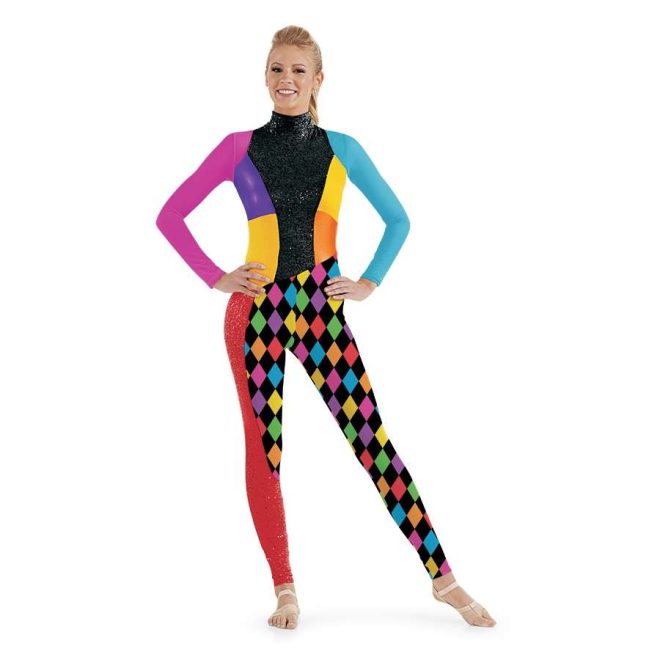 Custom bright color guard long sleeve legging unitard. Pink right sleeve, blue left sleeve. Sequin black neck and middle chest. Right side block of purple then yellow to hip. Left side block of yellow then orange. Left leg green, blue, purple, pink, red, orange, and black checkered. Right left is checkered on inside of leg to knee, rest of leg is sequin red. Front view on model
