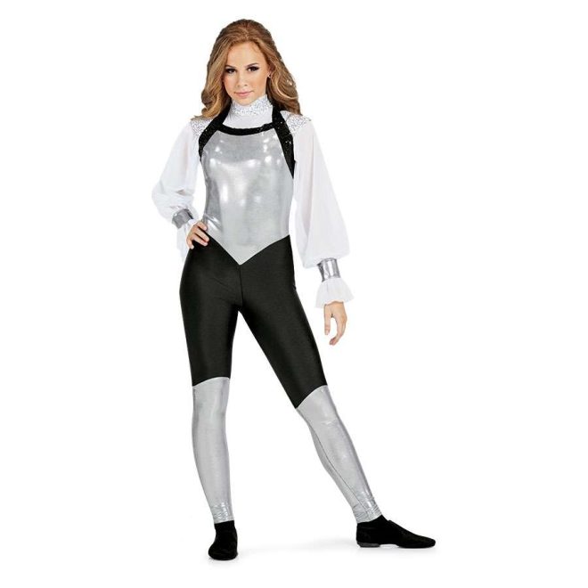 Custom long sleeve legging color guard unitard. White mesh puff sleeves with silver cuff at wrist. Sparkly silver shoulder with sparkly black stripe outlining chest with silver body down to V into pants and sparkly silver neck. Pants are black down to knee where it changes to silver. Front view on model