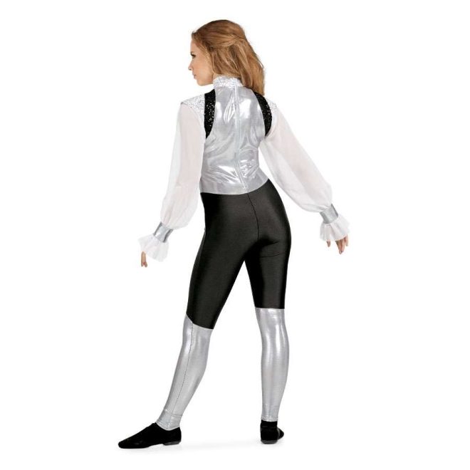 Custom long sleeve legging color guard unitard. White mesh puff sleeves with silver cuff at wrist. Sparkly silver shoulder with sparkly black stripe with silver body and sparkly silver neck. Pants are black down to knee where it changes to silver. Back view on model